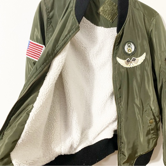Jou Jou Military Like Aviator Front Zip Bomber Jacket Faux Sherpa Lining Patches - Picture 5 of 15